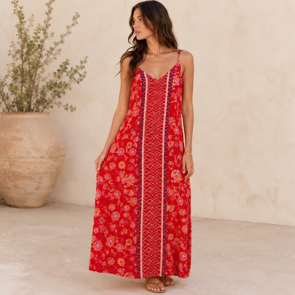 NWT Liverpool Floral Flowy Maxi Dress Red Orange Bohemian Resort Pockets Sz L - Picture 10 of 14